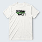 WOFF white 100% cotton crew neck t-shirt with "WOLFON Weekends ONLY NIGHT" graphic print in black and green.