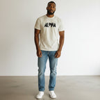 WOFF white 100% cotton crew neck t-shirt with black distressed "ALPHA" graphic print. Regular unisex fit.