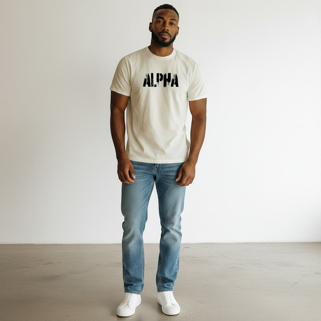 WOFF white 100% cotton crew neck t-shirt with black distressed "ALPHA" graphic print. Regular unisex fit.