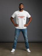 WOFF white cotton crew neck t-shirt with red graphic print worn by a man with blue jeans and white sneakers