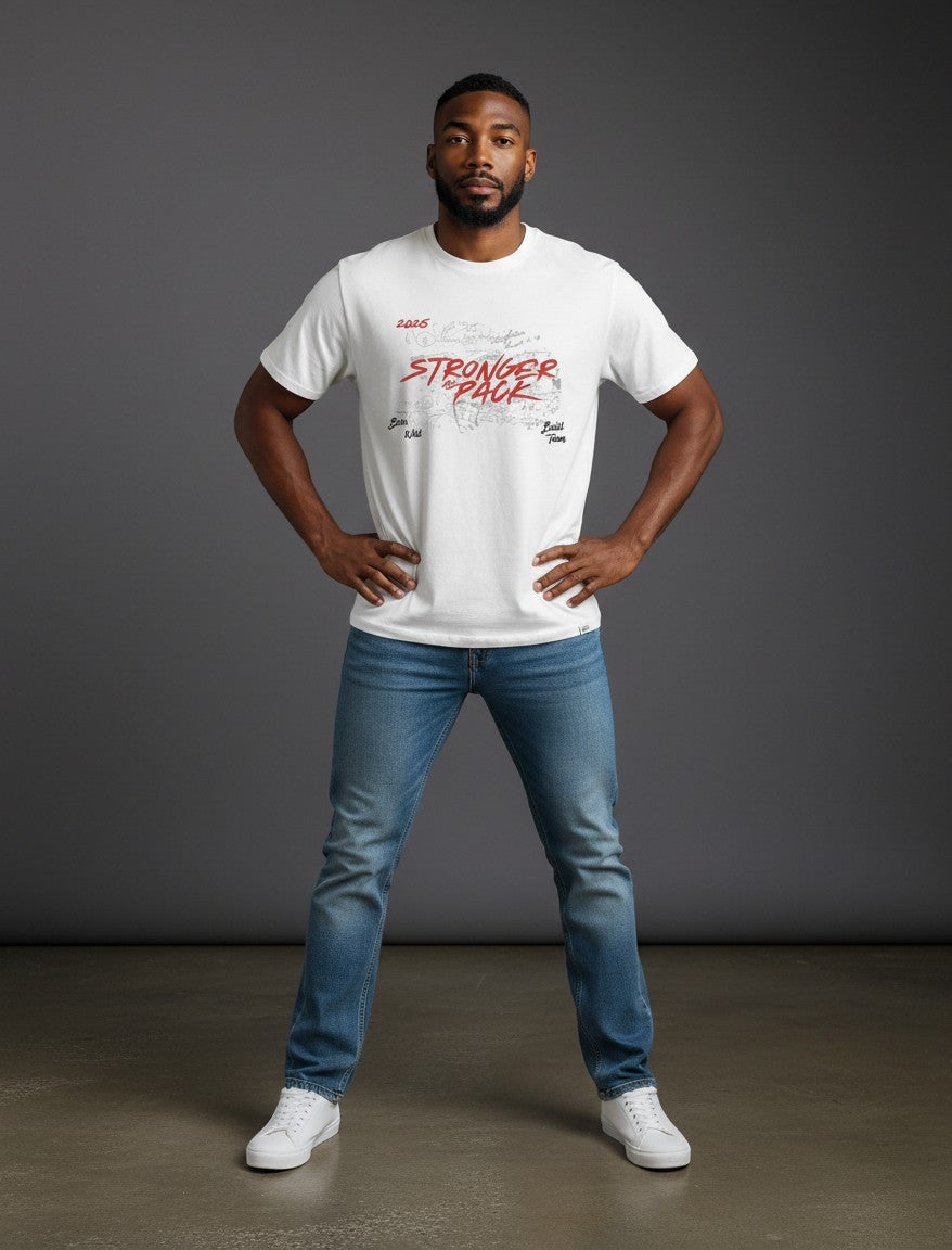 WOFF white cotton crew neck t-shirt with red graphic print worn by a man with blue jeans and white sneakers