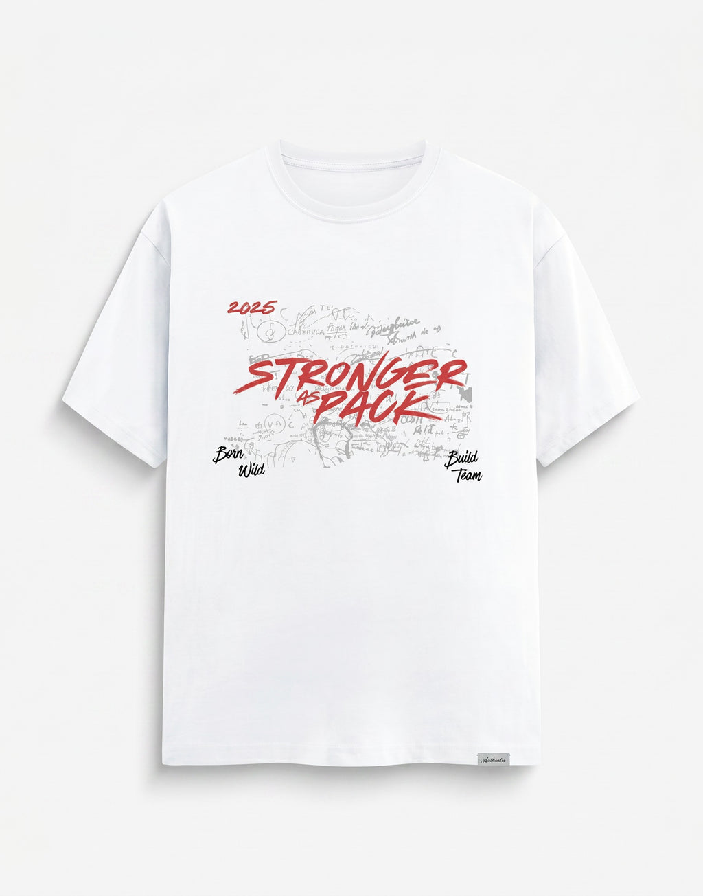 WOFF white cotton crew neck t-shirt featuring a red Stronger As Pack graphic print and 2025 text on the chest.