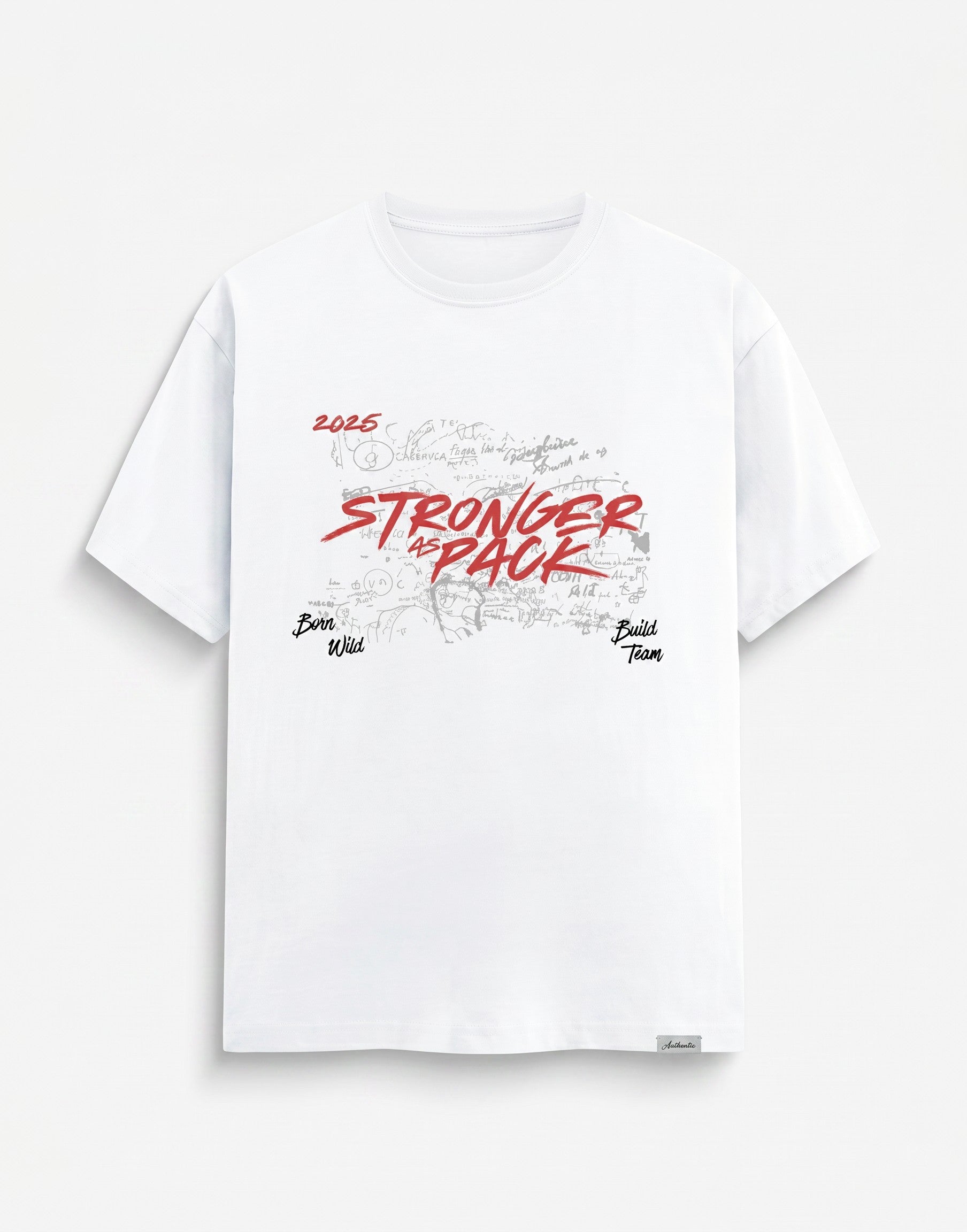WOFF white cotton crew neck t-shirt featuring a red Stronger As Pack graphic print and 2025 text on the chest.