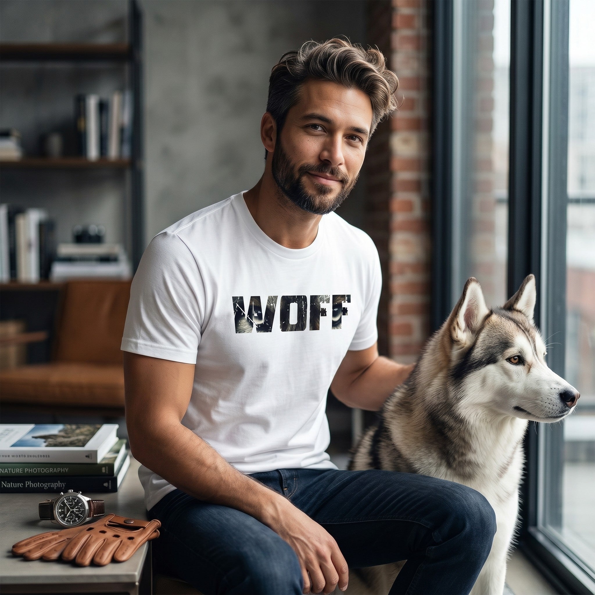 WOFF unisex white cotton t-shirt with graphic logo worn by a man sitting with a husky dog in a modern room