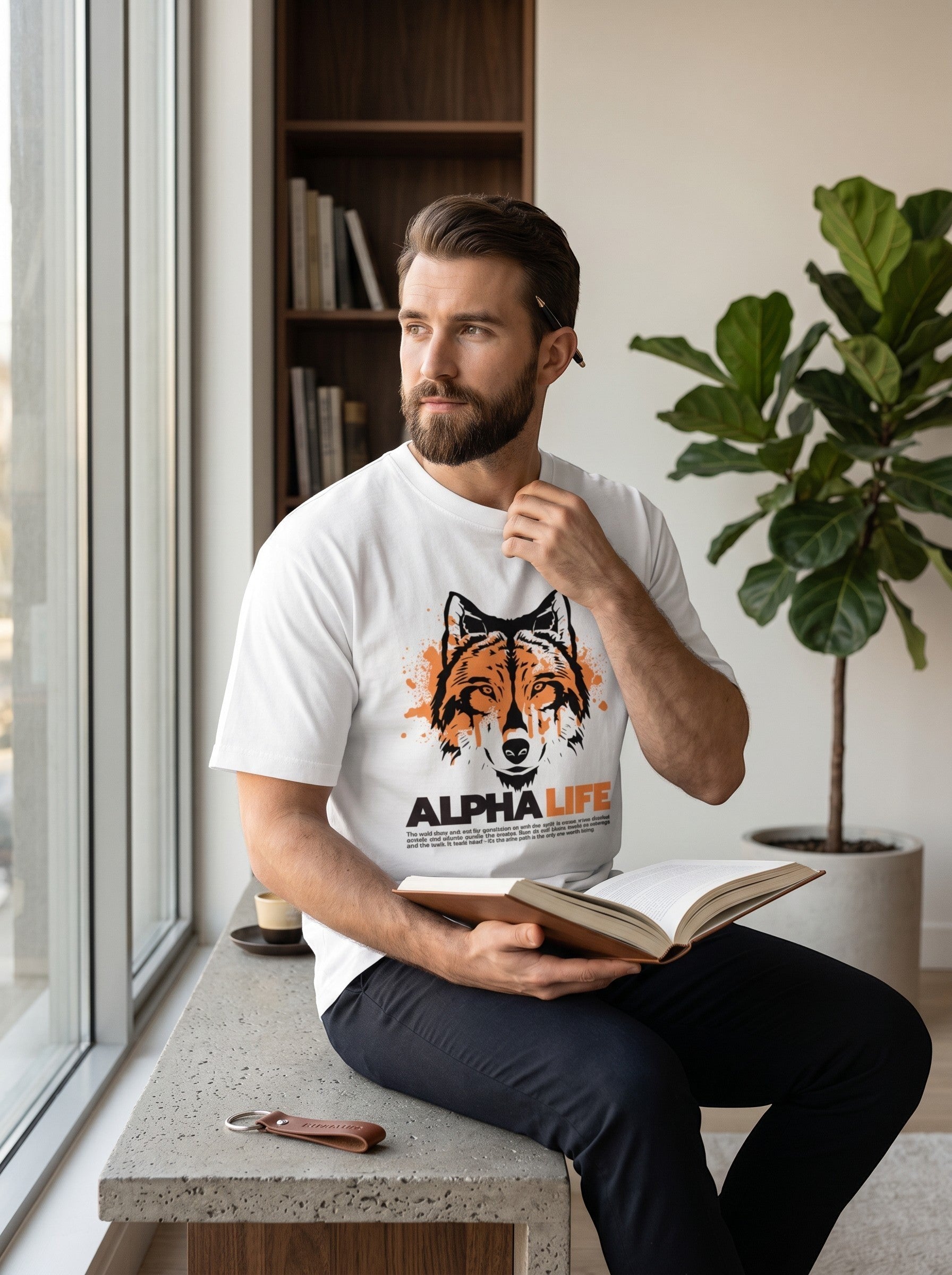 WOFF unisex white cotton crew neck t-shirt with a wolf graphic print, worn by a man reading by a window.