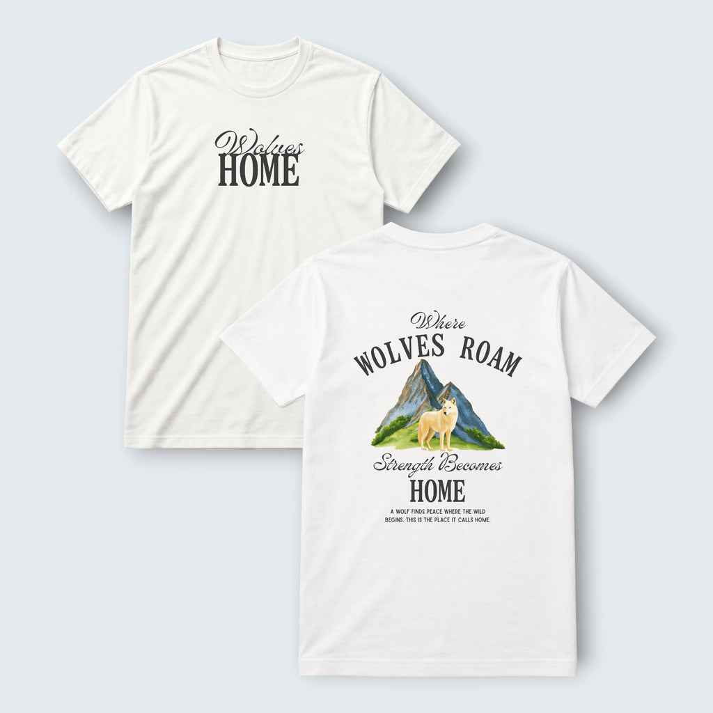 WOFF white 100% cotton crew neck t-shirt with 'Wolves HOME' graphic on front and wolf in mountains graphic on back.