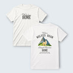 WOFF white 100% cotton crew neck t-shirt with 'Wolves HOME' graphic on front and wolf in mountains graphic on back.