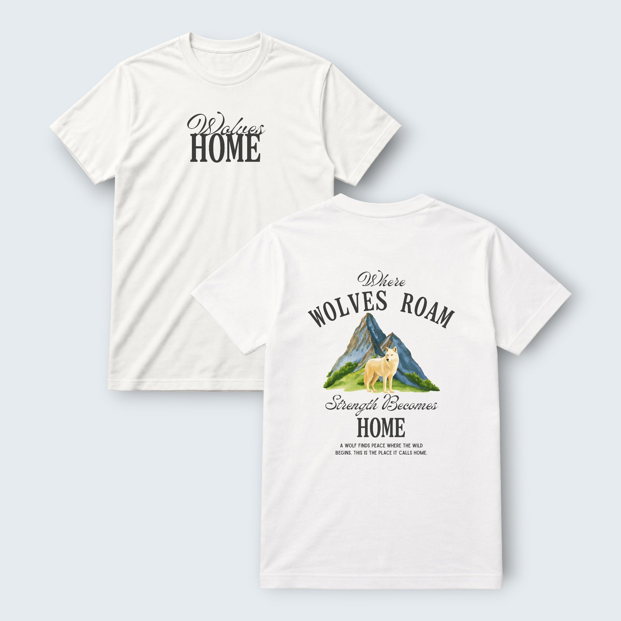 WOFF white 100% cotton crew neck t-shirt with 'Wolves HOME' graphic on front and wolf in mountains graphic on back.