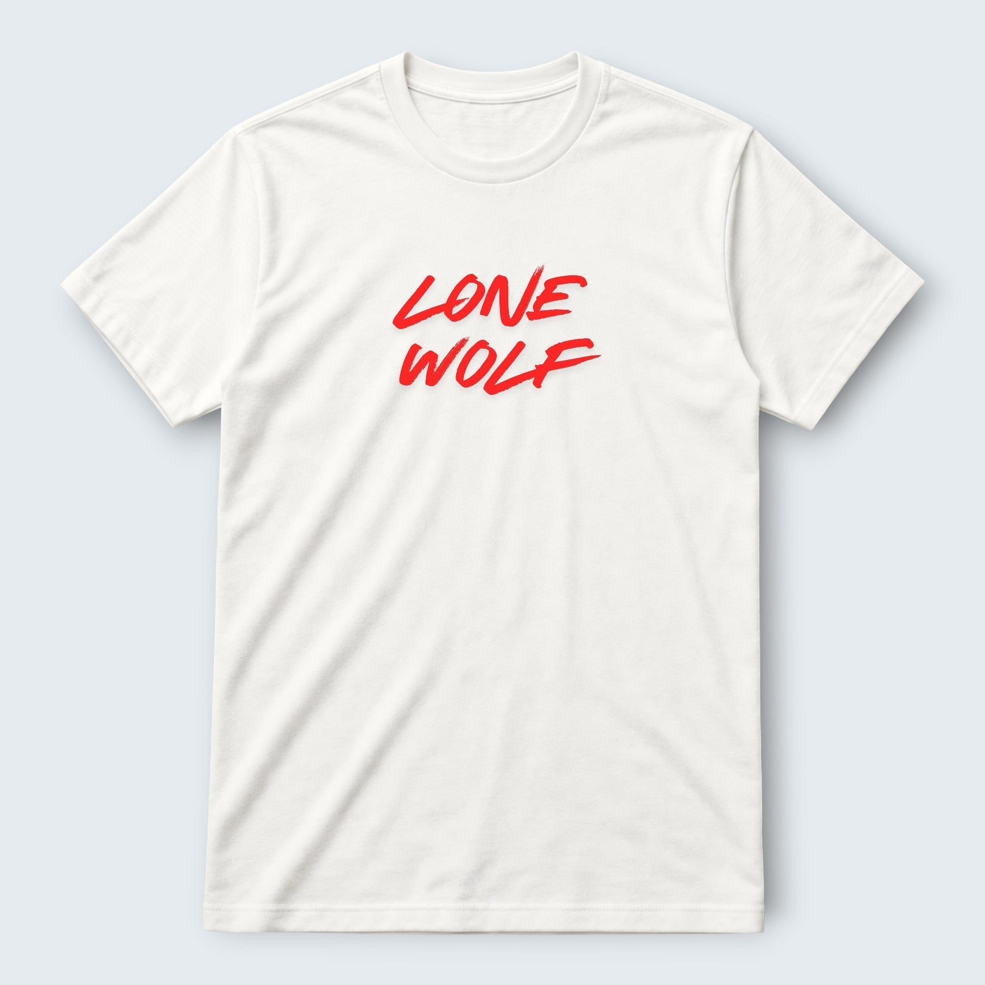 WOFF white 100% cotton crew neck t-shirt with red 'Lone Wolf' graphic print. Unisex regular fit.