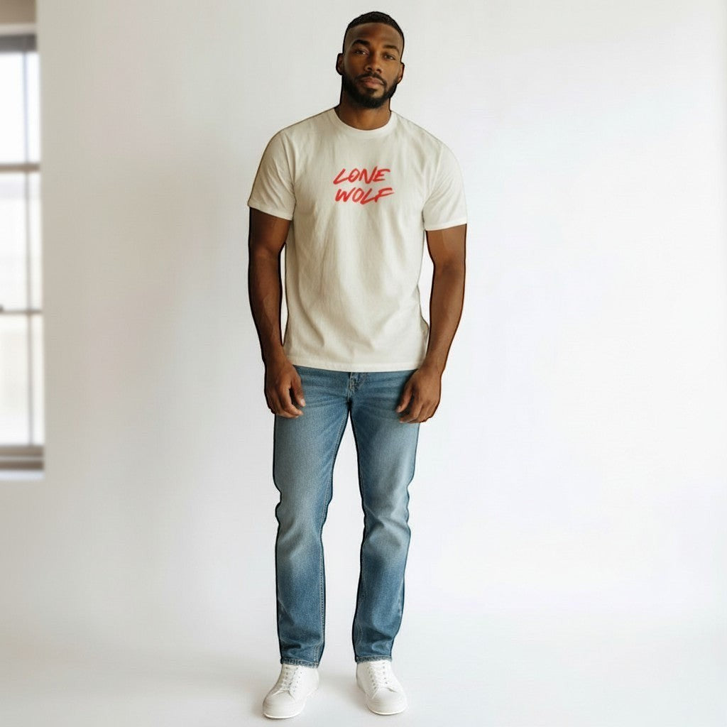 WOFF white 100% cotton crew neck t-shirt with red 'LONE WOLF' graphic print. Regular unisex fit.