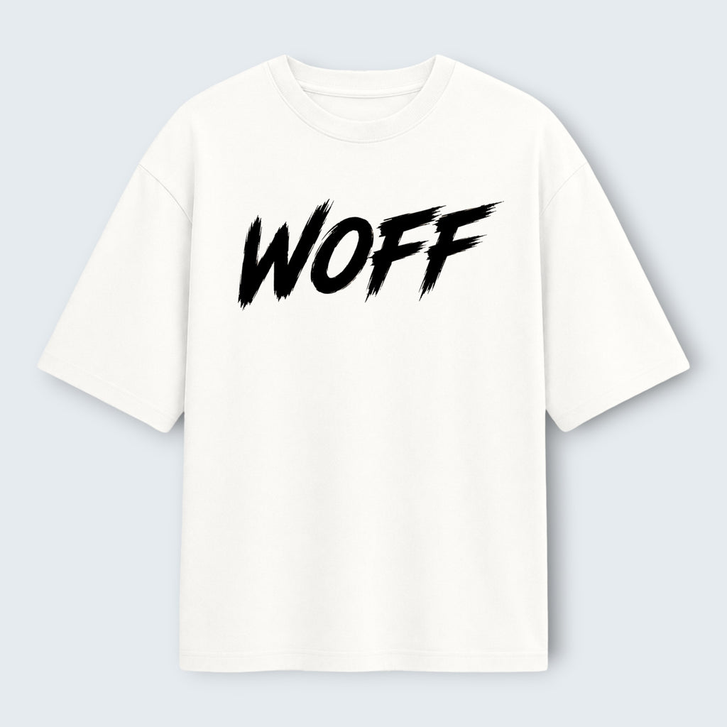 WOFF white oversized cotton t-shirt with black brushstroke logo print on the chest