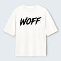 WOFF white oversized cotton t-shirt with black brushstroke logo print on the chest