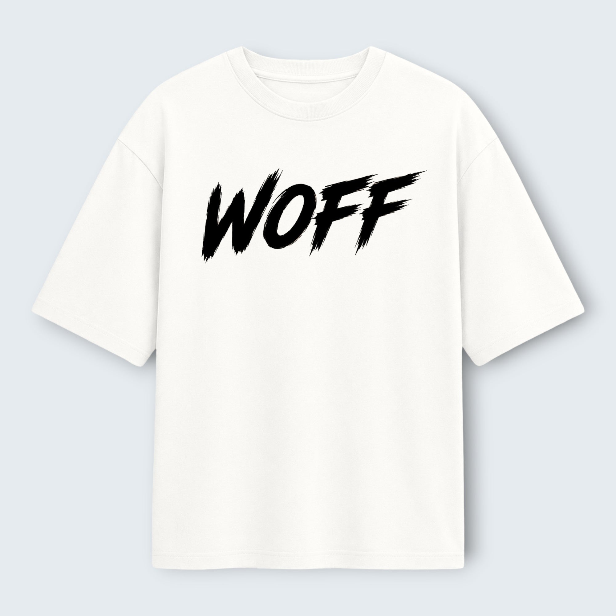 WOFF white oversized cotton t-shirt with black brushstroke logo print on the chest