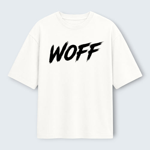 WOFF white oversized cotton t-shirt with black brushstroke logo print on the chest