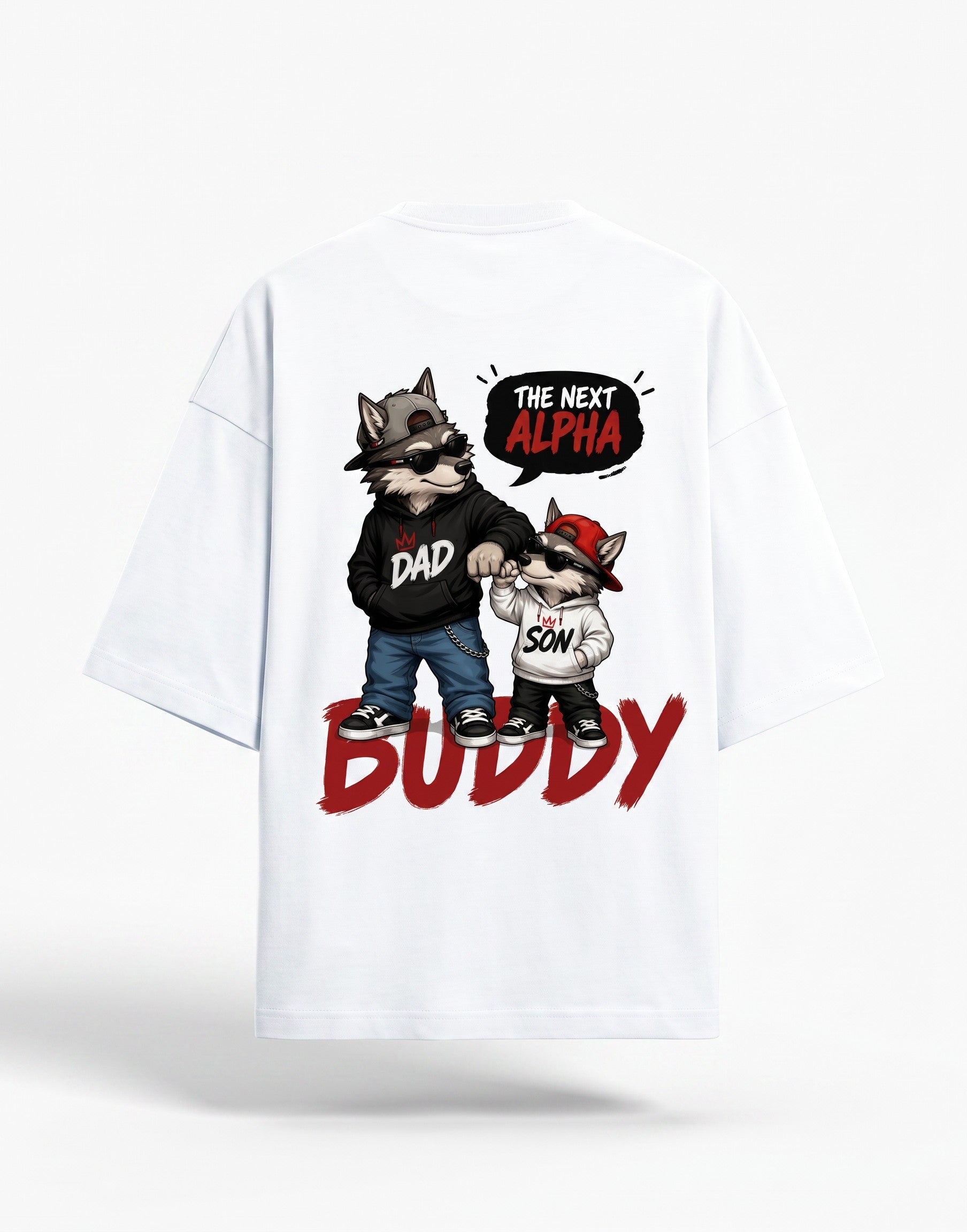 WOFF white oversized cotton tee featuring a graphic of a wolf dad and son fist bumping with The Next Alpha text