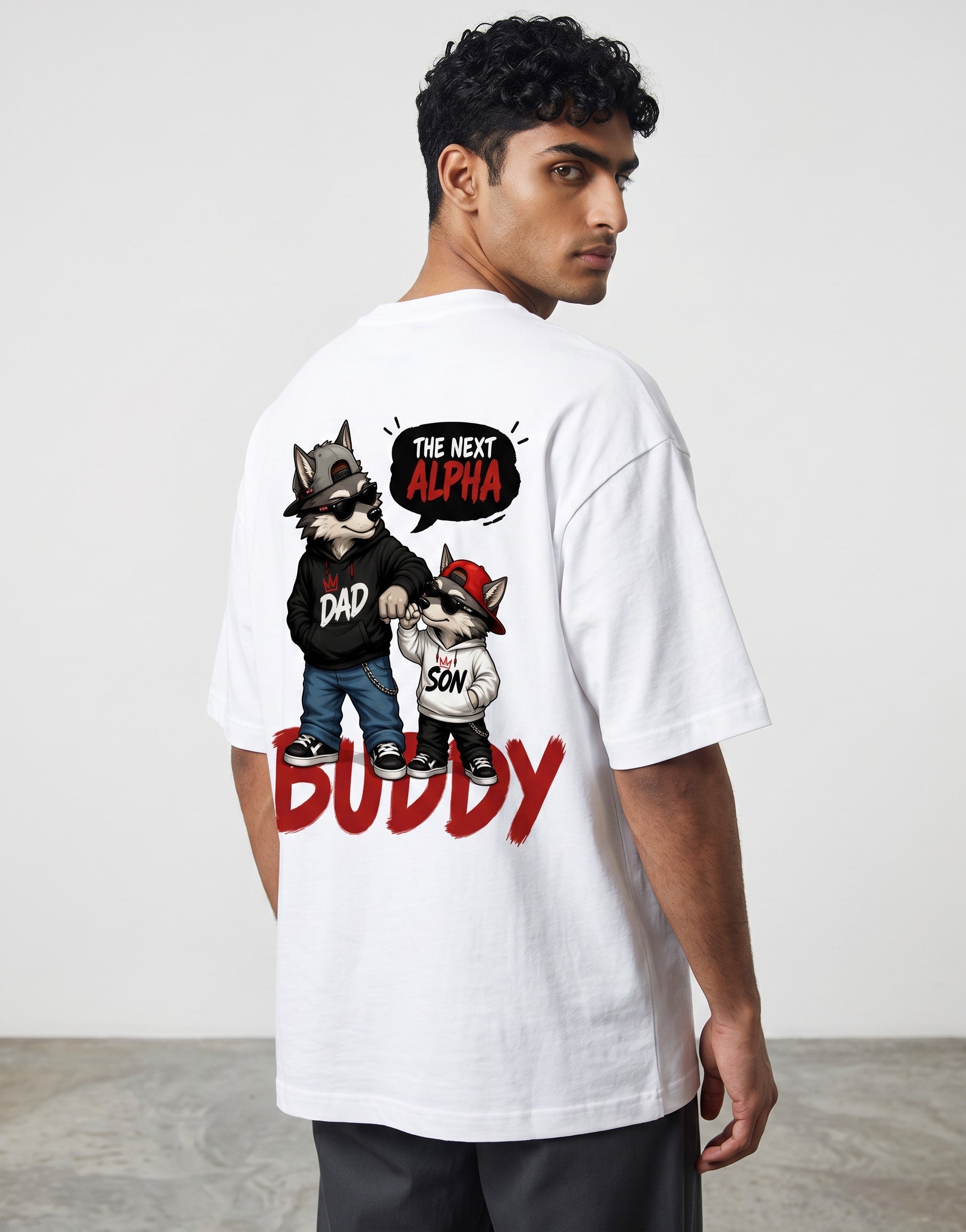 WOFF white oversized cotton tee with a back graphic of a wolf dad and son wearing hoodies and sunglasses