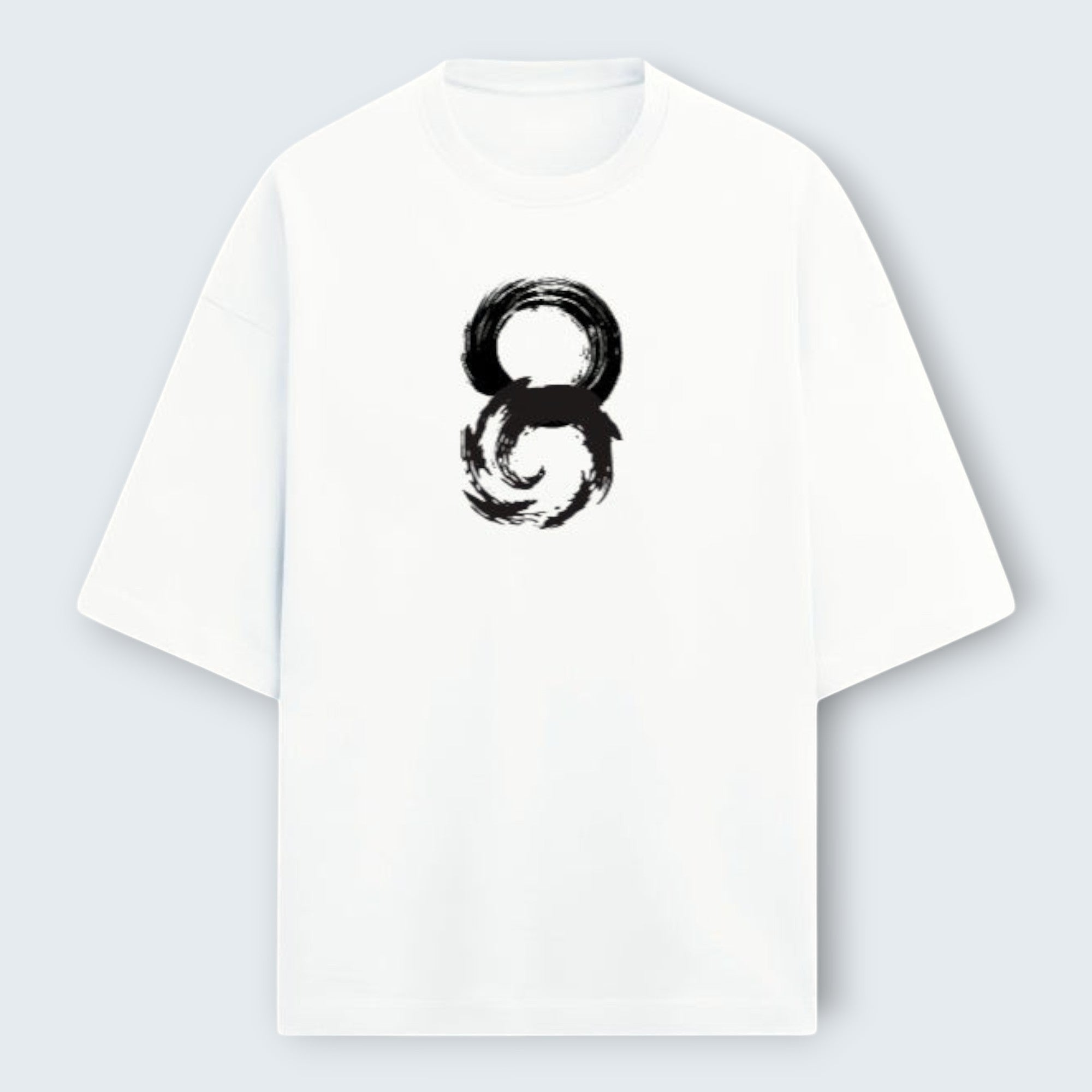 WOFF white oversized unisex terry cotton t-shirt with a black brushstroke circular graphic on the chest