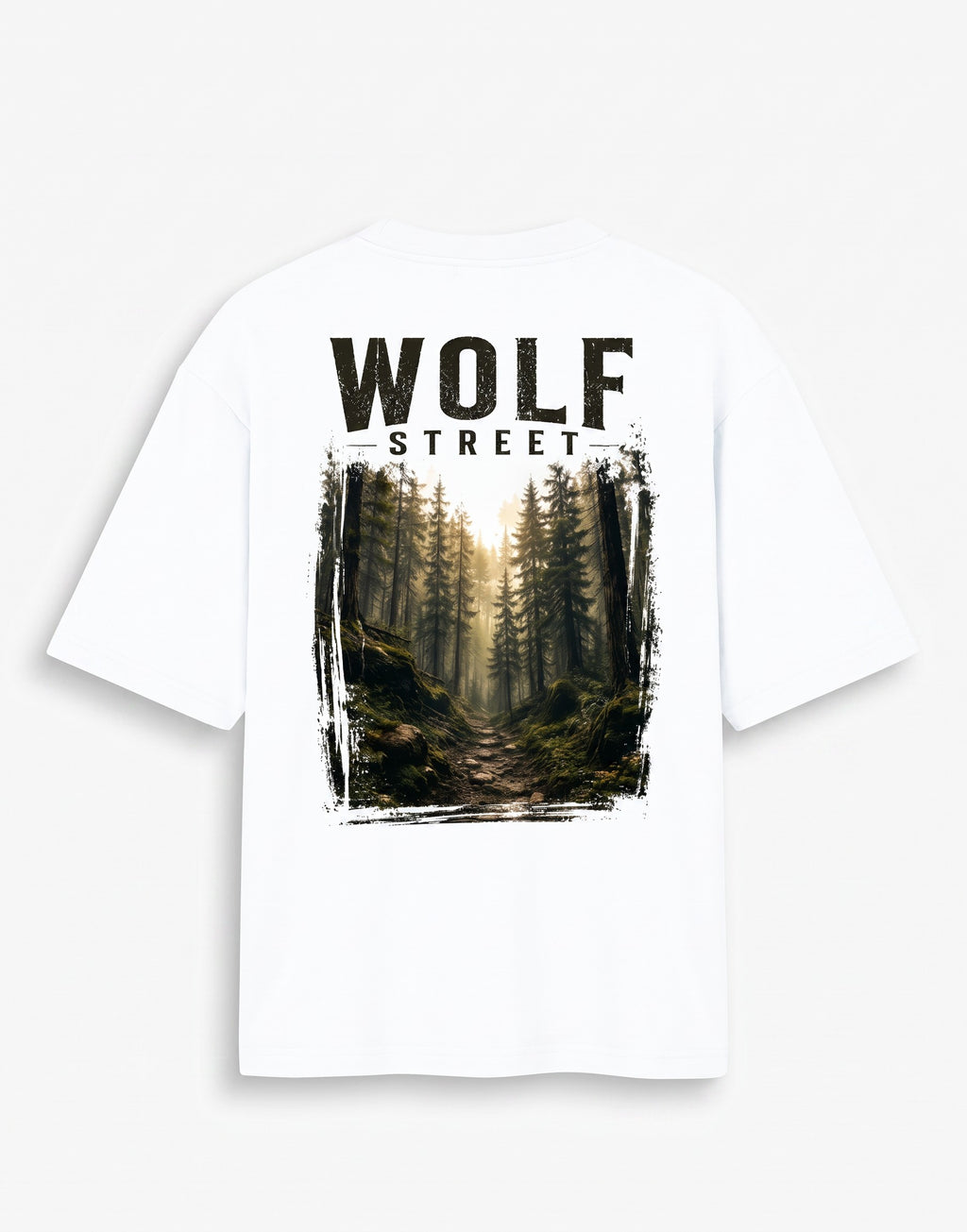 WOFF white oversized cotton t-shirt featuring a Wolf Street forest graphic print on the back