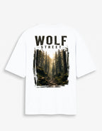 WOFF white oversized cotton t-shirt featuring a Wolf Street forest graphic print on the back