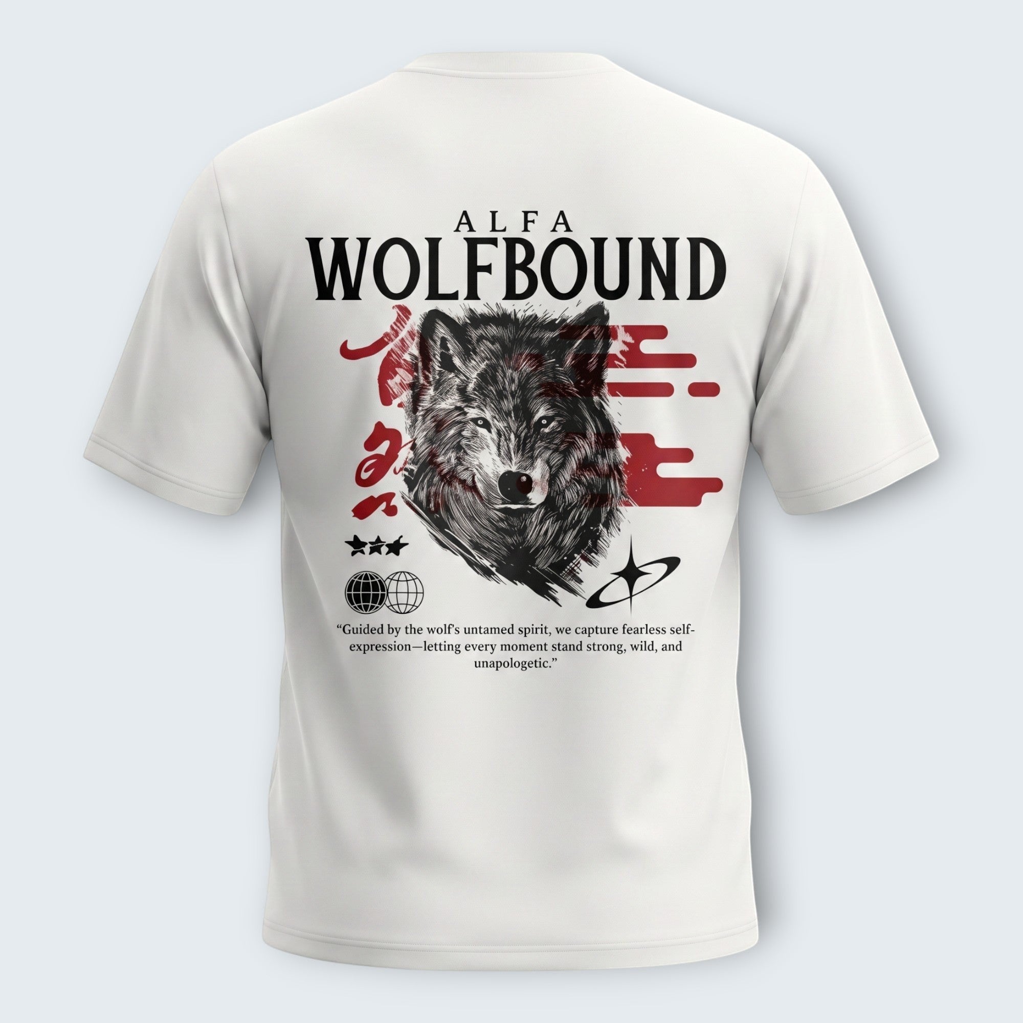 WOFF white oversized terry cotton t-shirt featuring a back graphic of a wolf head with red accents and text.