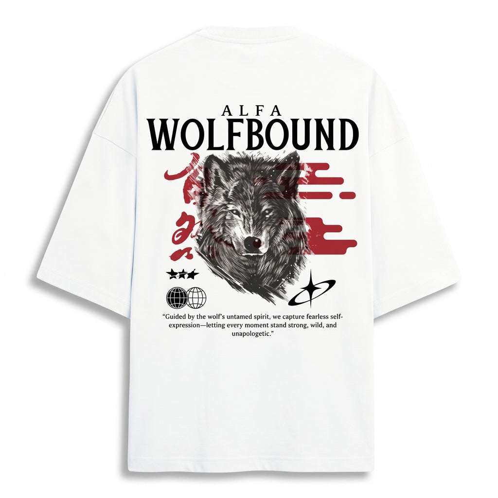 WOFF white oversized terry cotton t-shirt featuring a graphic wolf print and Japanese-inspired text on the back