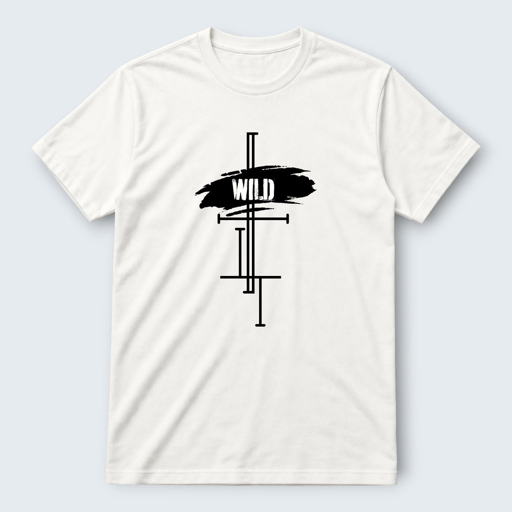 WOFF white 100% cotton unisex regular fit t-shirt with black 'WILD' graphic print and abstract lines.