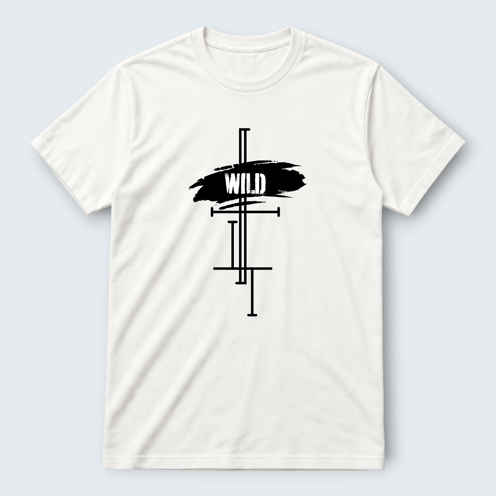 WOFF white 100% cotton unisex regular fit t-shirt with black 'WILD' graphic print and abstract lines.