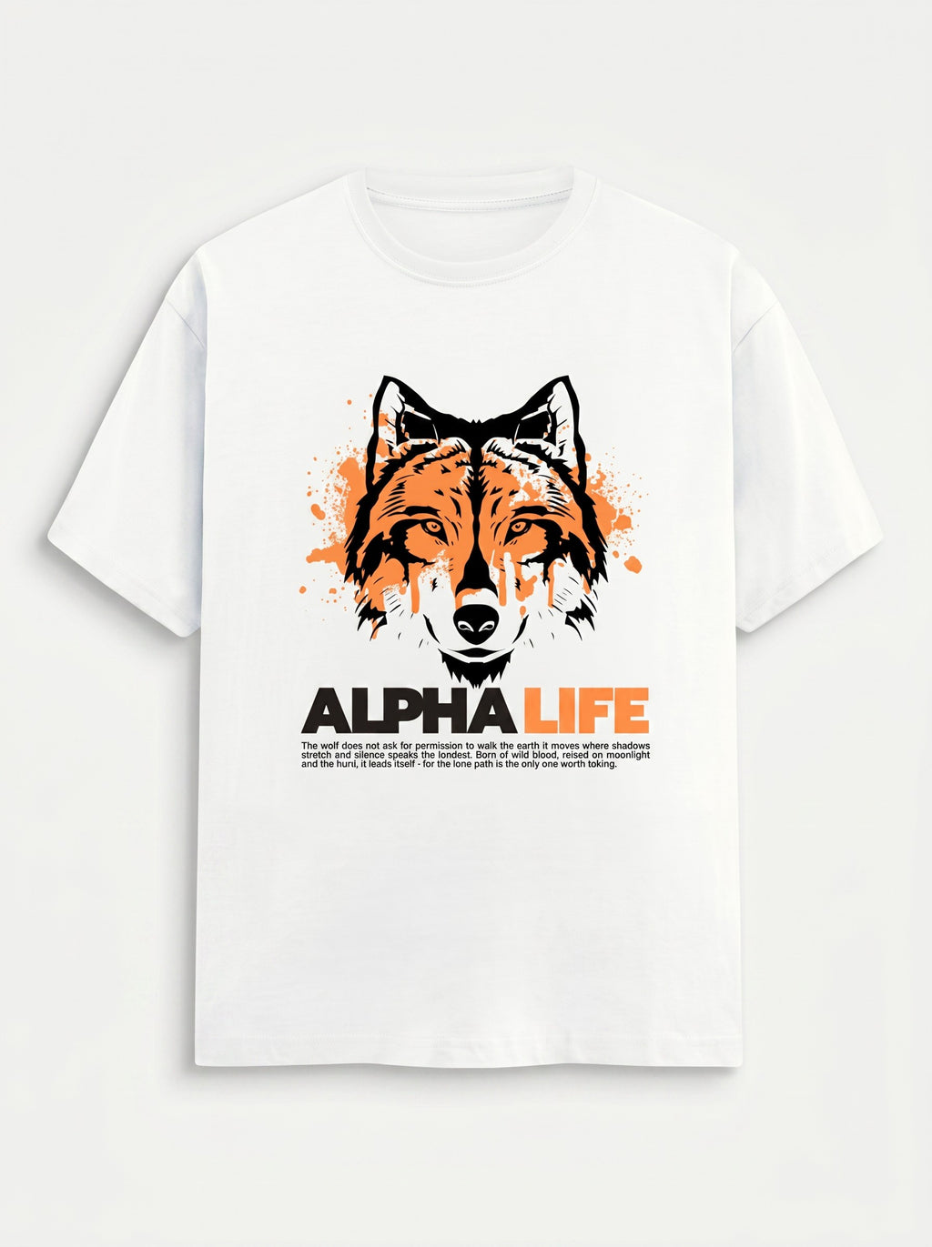 WOFF white unisex cotton crew neck t-shirt featuring a graphic wolf print with orange paint splatter accents.