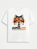 WOFF white unisex cotton crew neck t-shirt featuring a graphic wolf print with orange paint splatter accents.