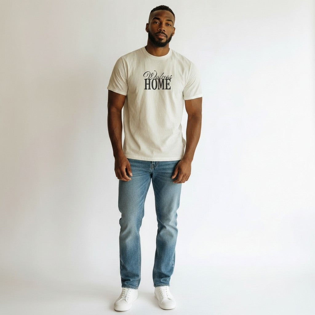 WOFF white 100% cotton crew neck t-shirt with black 'Wolves HOME' graphic print. Unisex regular fit.