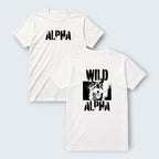 WOFF white 100% cotton crew neck t-shirt with "ALPHA" graphic on front and "WILD ALPHA" with wolf graphic on back.