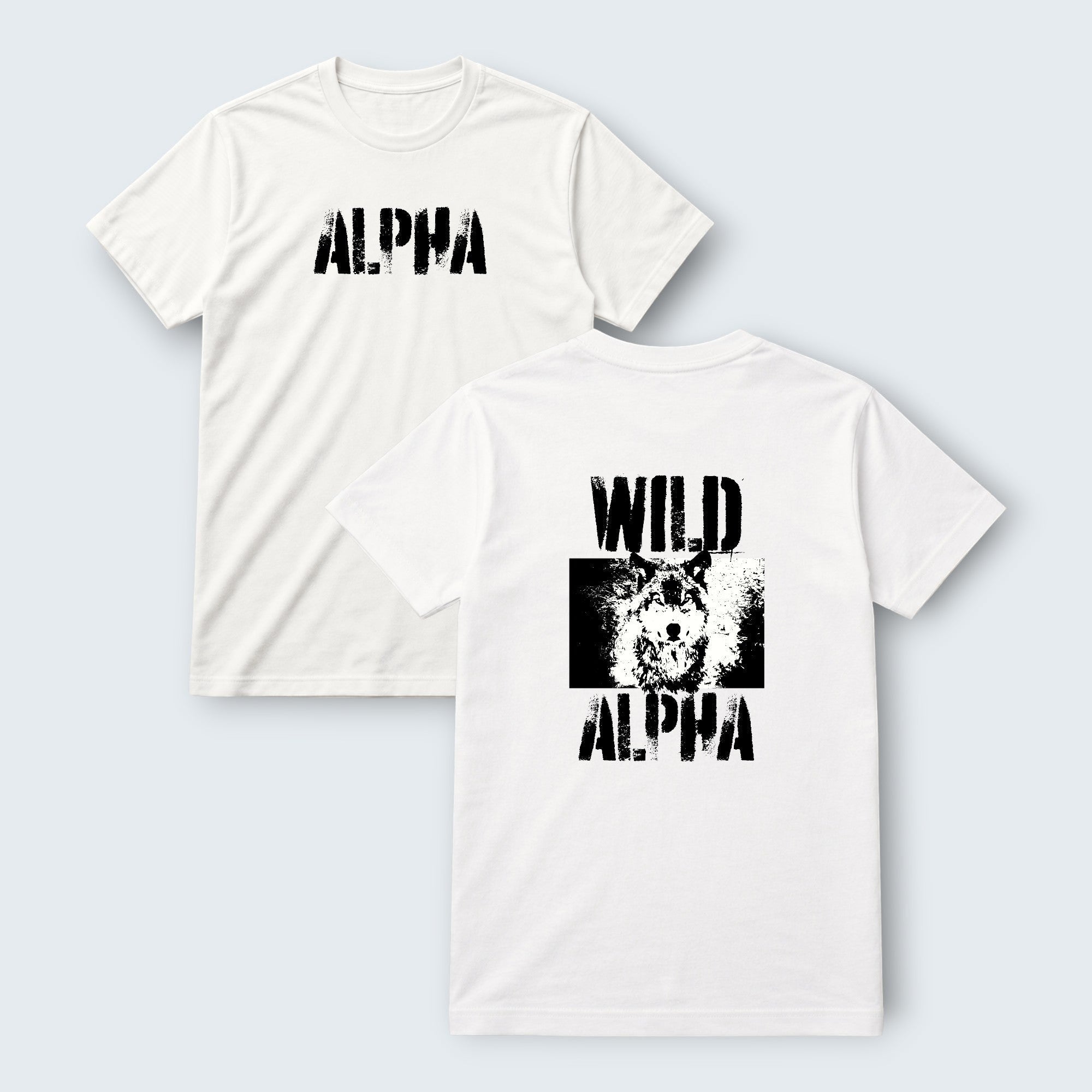 WOFF white 100% cotton crew neck t-shirt with "ALPHA" graphic on front and "WILD ALPHA" with wolf graphic on back.