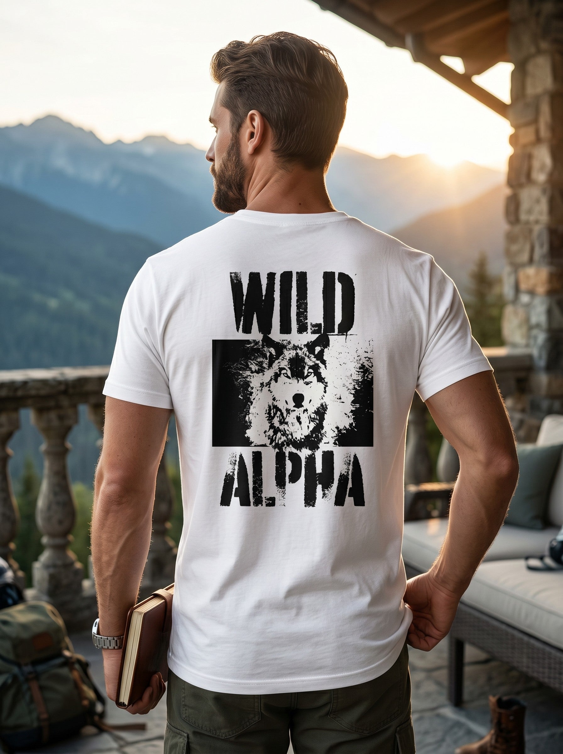 WOFF Wild Alpha crew neck t-shirt in white cotton with a black wolf graphic print on the back, worn by a man outdoors.