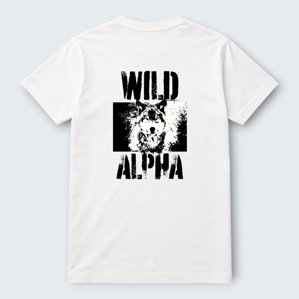 WOFF Wild Alpha crew neck t-shirt in white 100% cotton with a distressed wolf graphic and text.