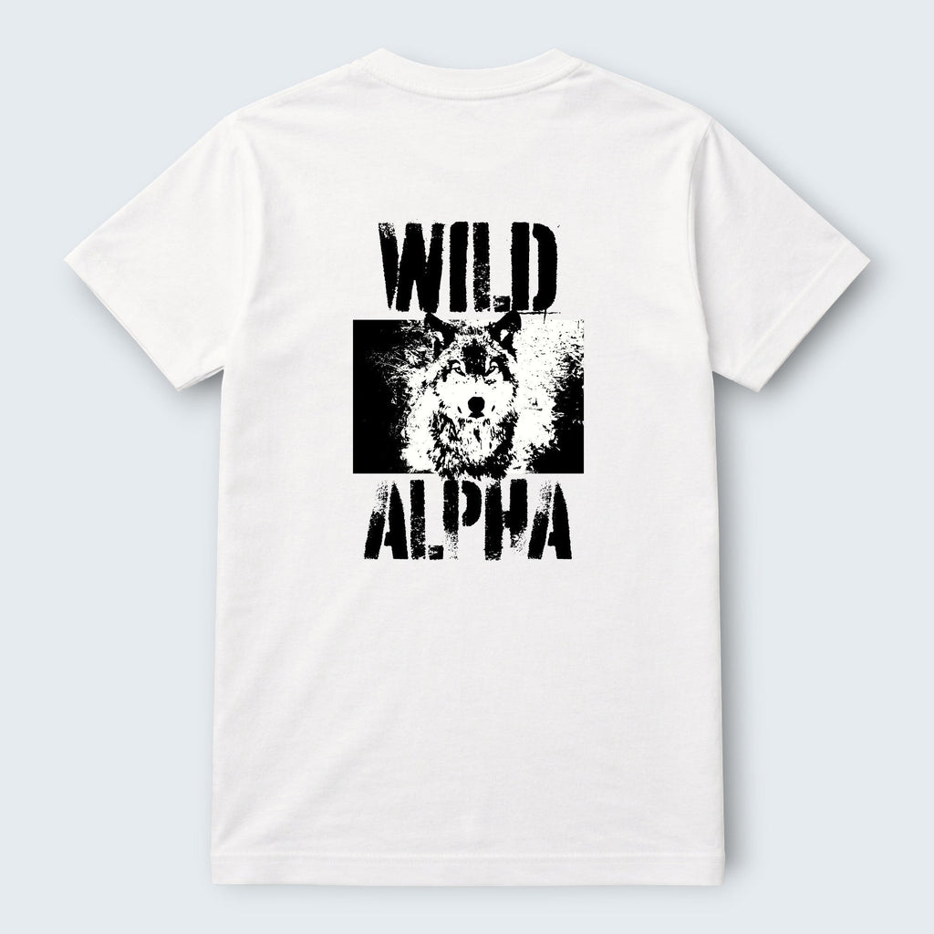 WOFF Wild Alpha crew neck t-shirt in white 100% cotton with a distressed wolf graphic and text.
