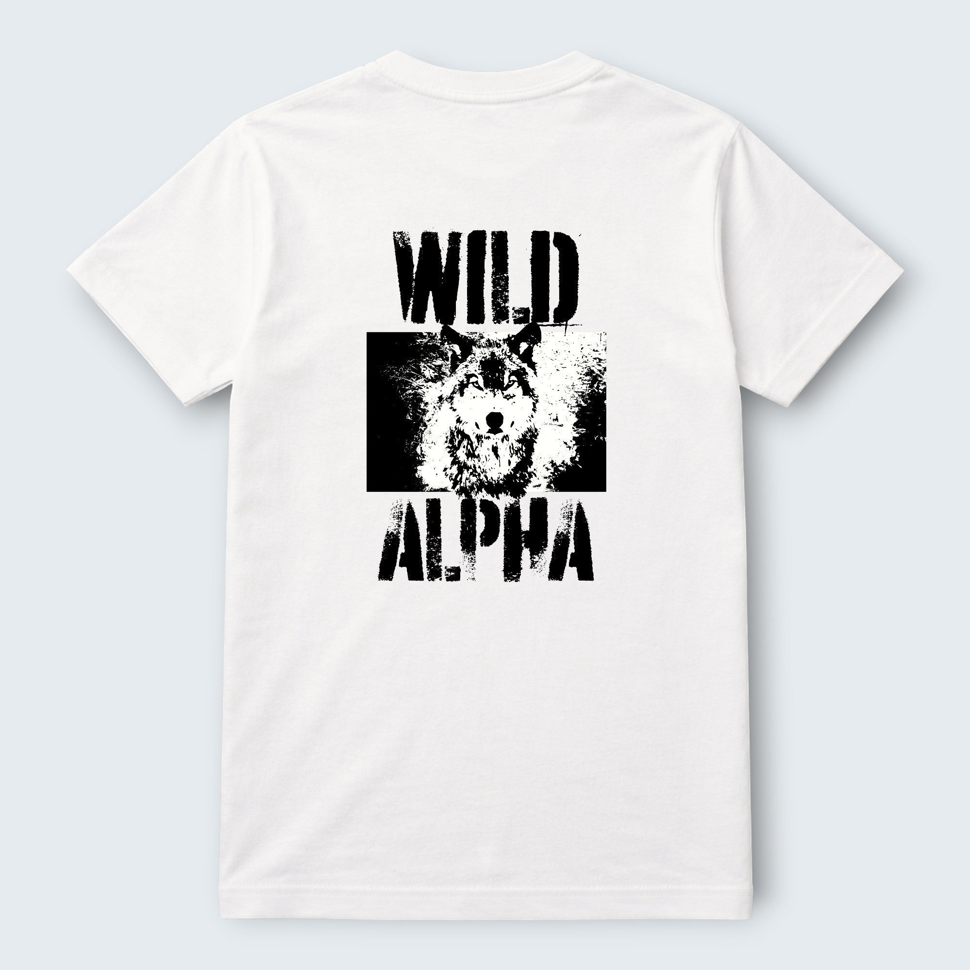 WOFF Wild Alpha crew neck t-shirt in white 100% cotton with a distressed wolf graphic and text.