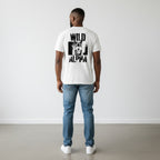 WOFF white 100% cotton crew neck t-shirt with a black graphic print of a wolf and the words WILD ALPHA.