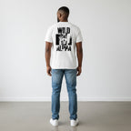 WOFF white 100% cotton crew neck t-shirt with a black graphic print of a wolf and the words WILD ALPHA.