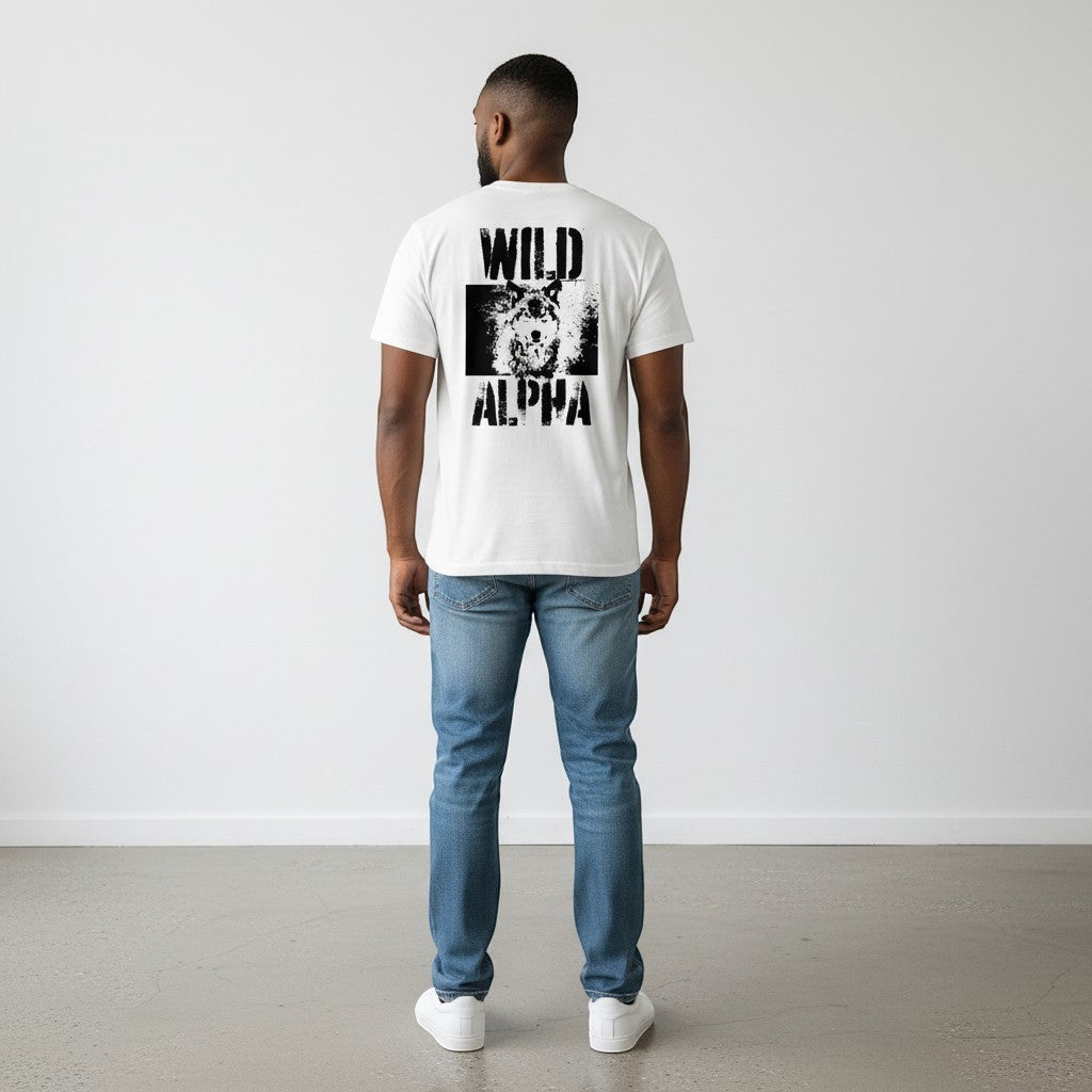 WOFF white 100% cotton crew neck t-shirt with a black graphic print of a wolf and the words WILD ALPHA.