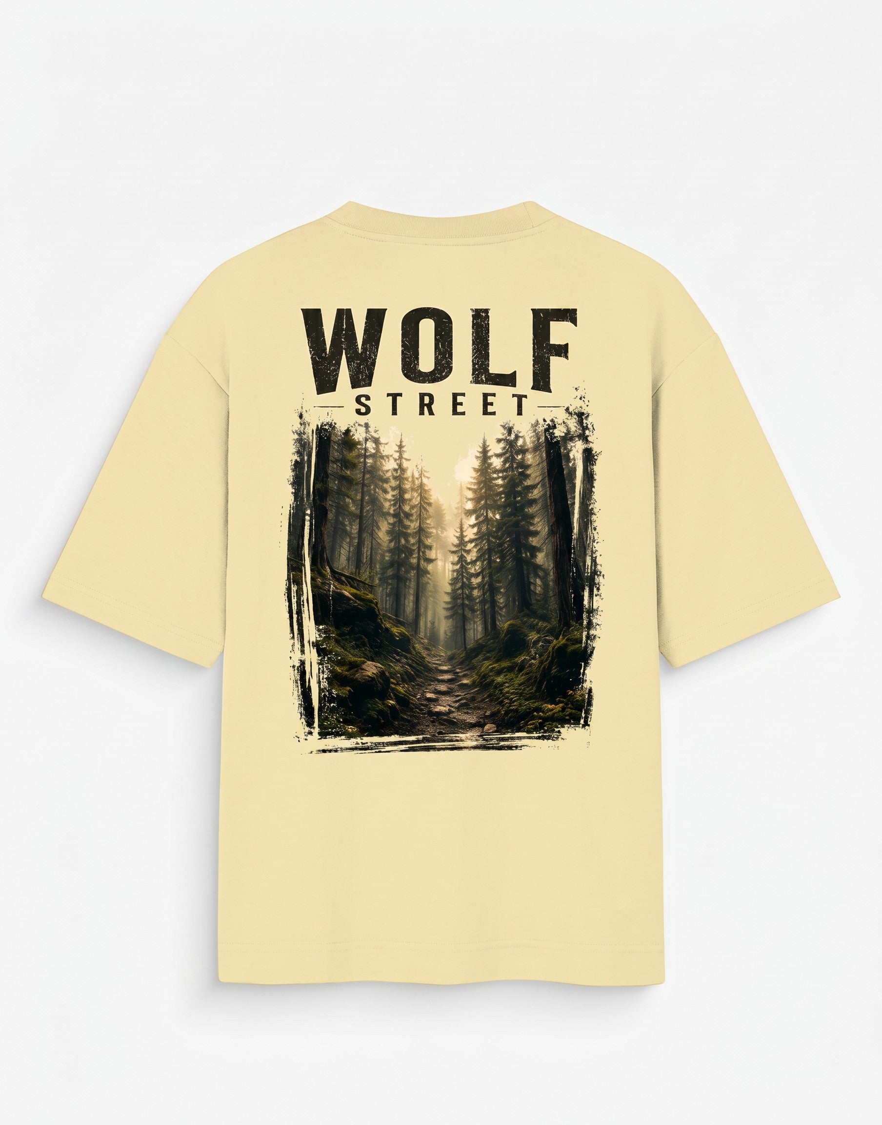WOFF Wolf Street oversized cotton t-shirt in cream with a forest landscape graphic print on the back