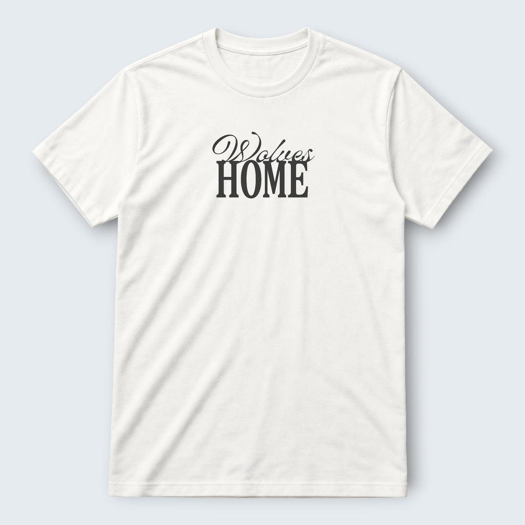WOLVES HOME white 100% cotton crew neck t-shirt with black text graphic. Regular unisex fit.