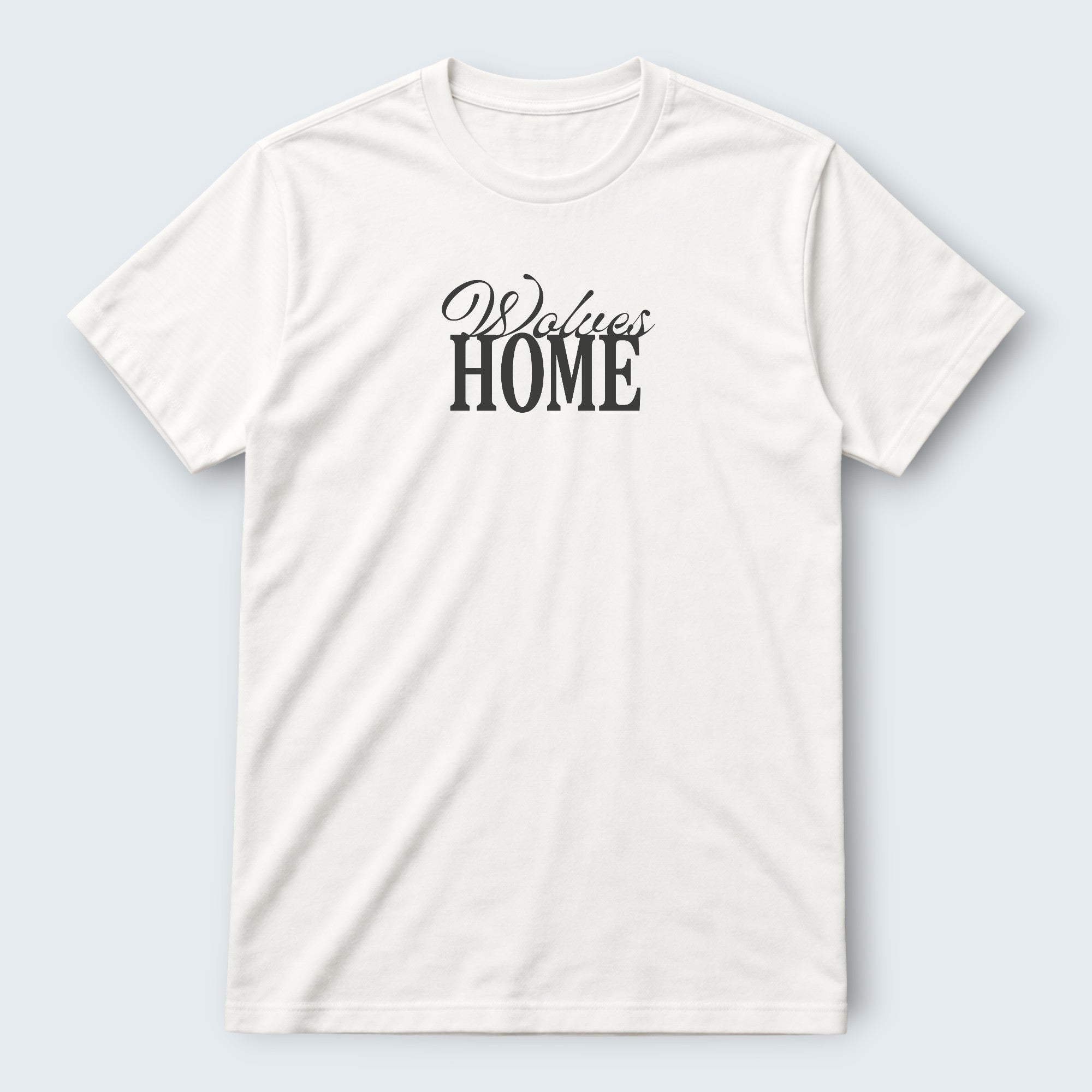 WOLVES HOME white 100% cotton crew neck t-shirt with black text graphic. Regular unisex fit.
