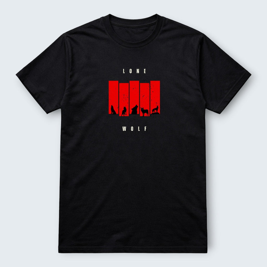 WOOF black 100% cotton t-shirt with red graphic of wolves and "LONE WOLF" text.