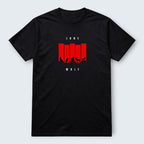 WOOF black 100% cotton t-shirt with red graphic of wolves and "LONE WOLF" text.