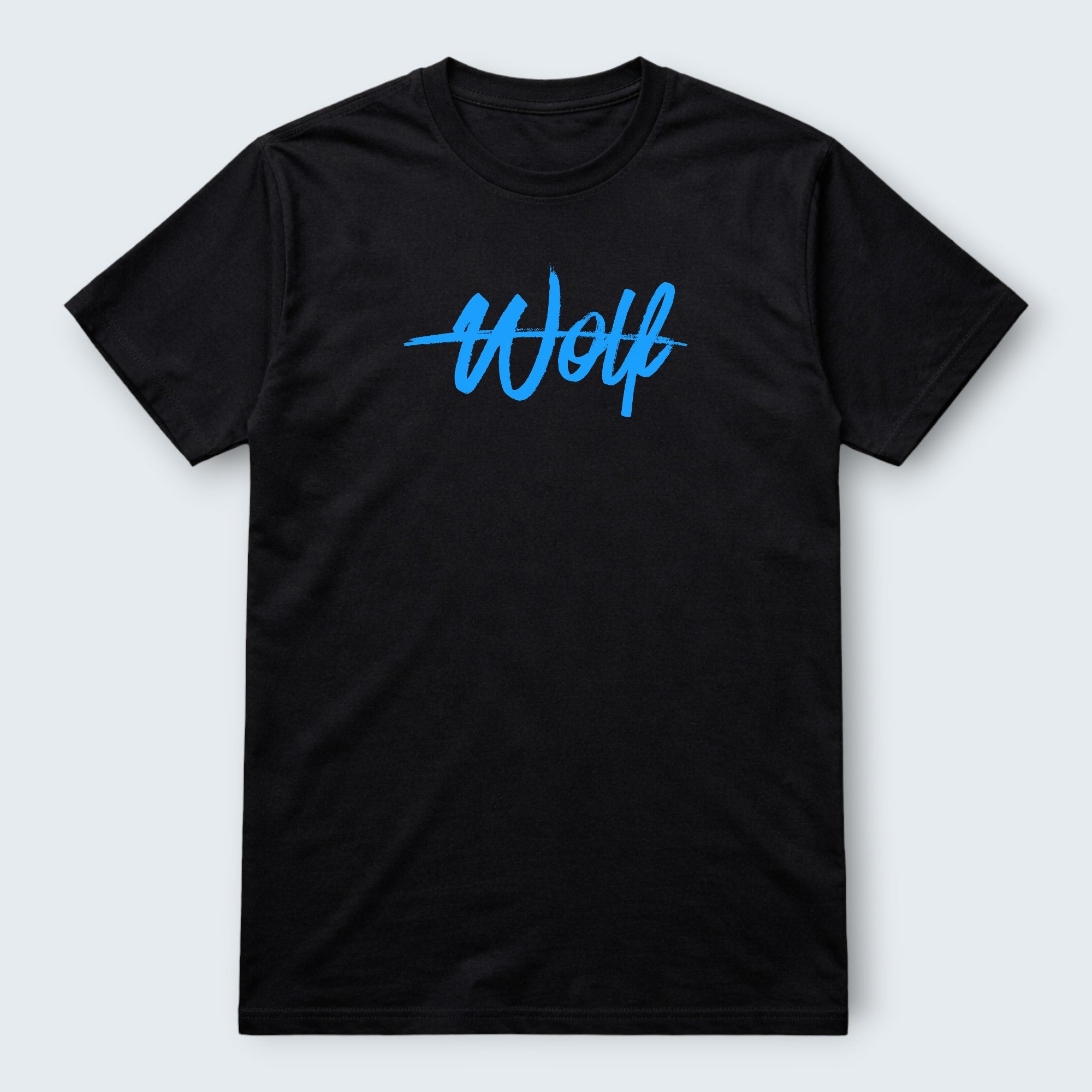 WOOF black 100% cotton t-shirt with blue 'Wolf' graphic print. Unisex regular fit.