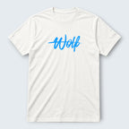WOOF white 100% cotton crew neck t-shirt with blue 'Wolf' graphic print. Unisex regular fit.