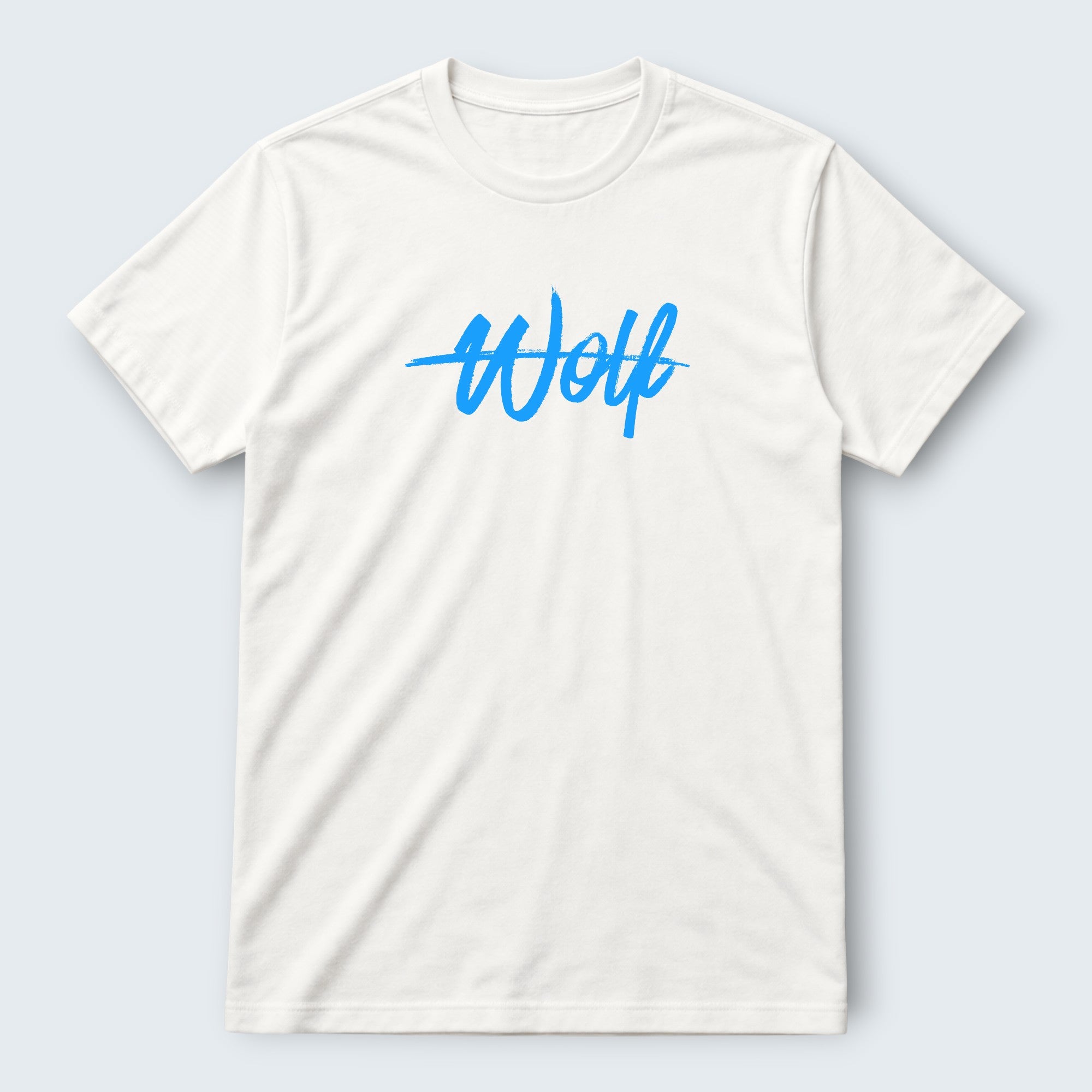 WOOF white 100% cotton crew neck t-shirt with blue 'Wolf' graphic print. Unisex regular fit.